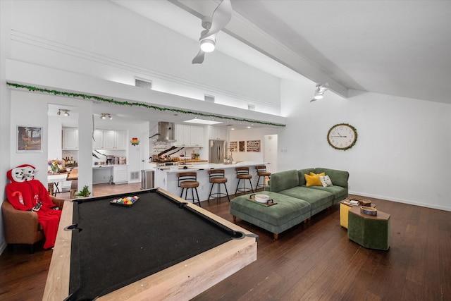 playroom with billiards, lofted ceiling with beams, and dark hardwood / wood-style flooring