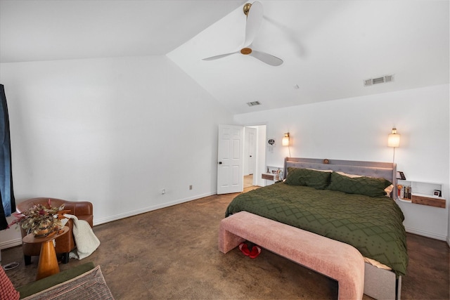 bedroom featuring ceiling fan, dark colored carpet, and lofted ceiling