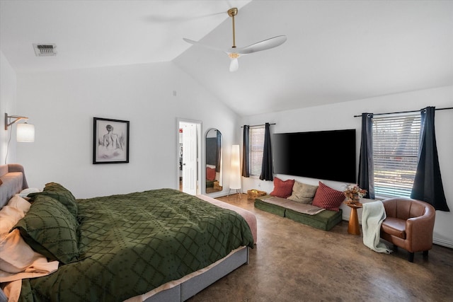 bedroom featuring ceiling fan, lofted ceiling, and carpet floors