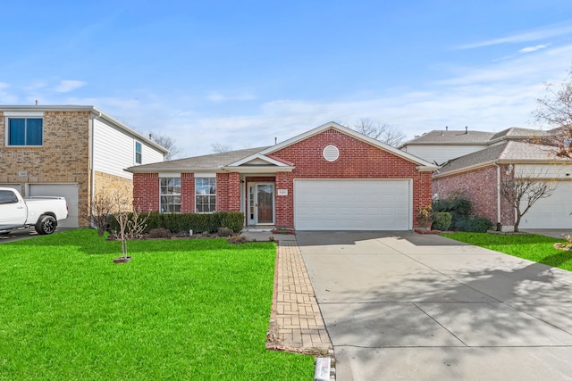 8409 Vicksburg Ln, Fort Worth, TX 76123 - ranch-style house featuring an attached garage, a front lawn, concrete driveway, and brick siding