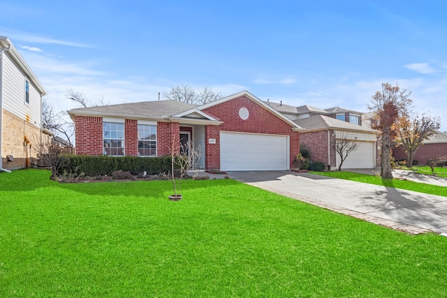 8409 Vicksburg Ln, Fort Worth, TX 76123 - single story home with a front yard, brick siding, concrete driveway, and an attached garage