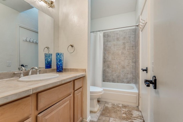 full bathroom with toilet, vanity, and shower / bath combination with curtain