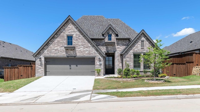 view of front of home with fence, concrete driveway, a front lawn, and brick siding