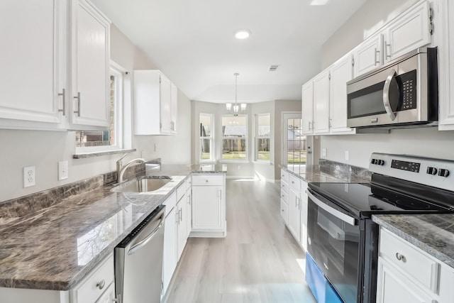 kitchen featuring stainless steel appliances, white cabinetry, and sink