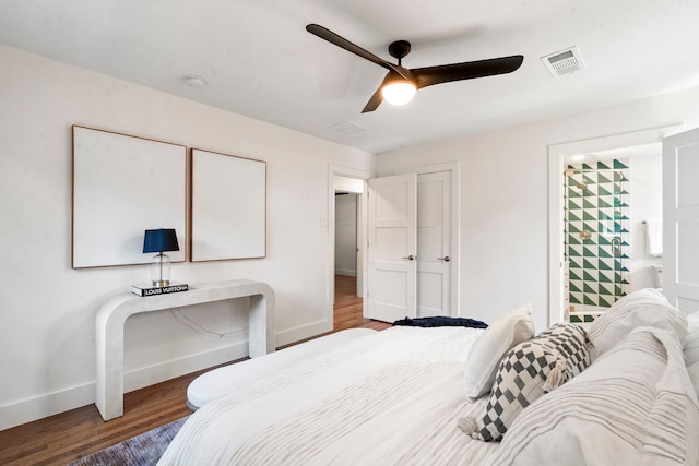 bedroom featuring ceiling fan and dark hardwood / wood-style flooring