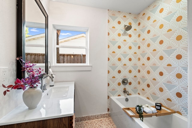 10414 Robindale Dr, Dallas, TX 75238 - bathroom featuring speckled floor, a shower, a tub to relax in, and vanity
