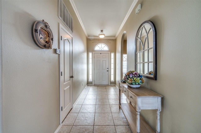 doorway to outside with ornamental molding