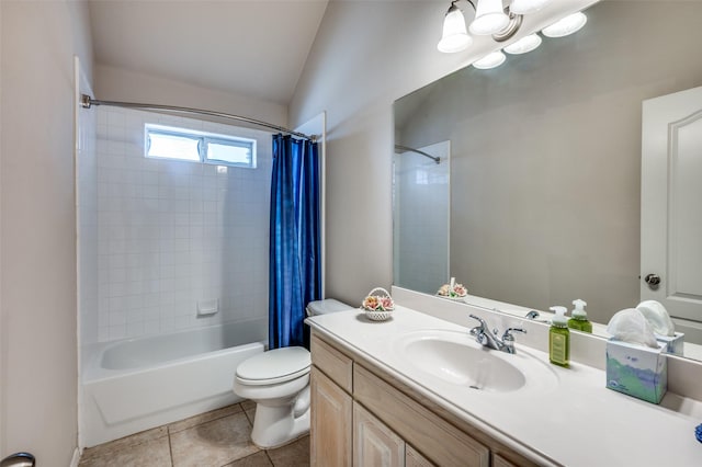 full bathroom with toilet, lofted ceiling, shower / bath combination with curtain, tile patterned floors, and vanity