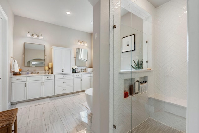 bathroom featuring separate shower and tub and vanity