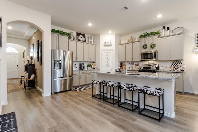 kitchen with gray cabinets, appliances with stainless steel finishes, light hardwood / wood-style floors, and a kitchen island with sink