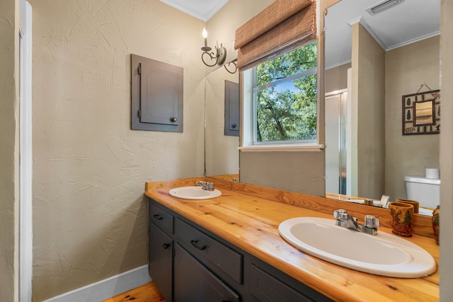 bathroom featuring toilet, crown molding, and vanity