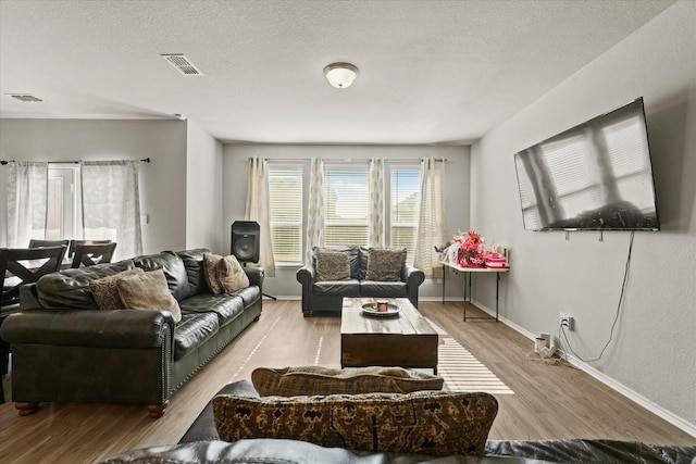 living room with a textured ceiling and light wood-type flooring