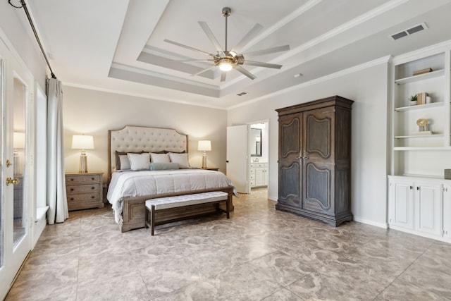 bedroom featuring ornamental molding, a tray ceiling, visible vents, and a ceiling fan