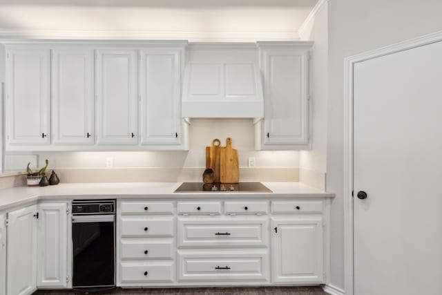 kitchen with light countertops, white cabinetry, and custom exhaust hood