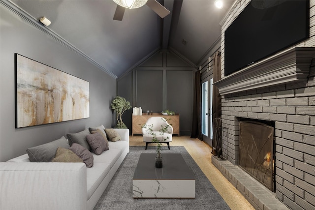 carpeted living area with a ceiling fan, lofted ceiling with beams, crown molding, a fireplace, and a decorative wall