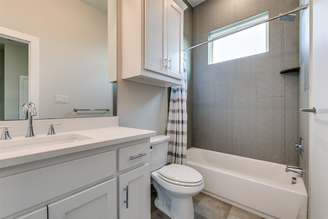 full bathroom with toilet, vanity, tile patterned flooring, and shower / bathtub combination with curtain