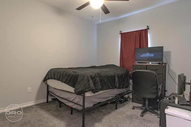 bedroom with ceiling fan and carpet flooring