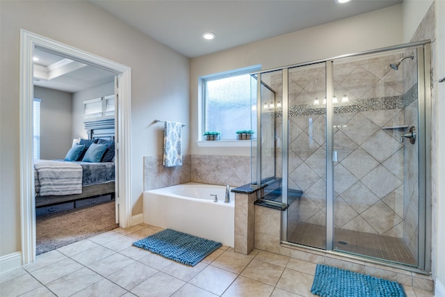 bathroom featuring plus walk in shower, ornamental molding, and tile patterned flooring