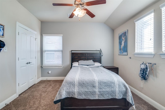 bedroom featuring ceiling fan, multiple windows, and carpet floors