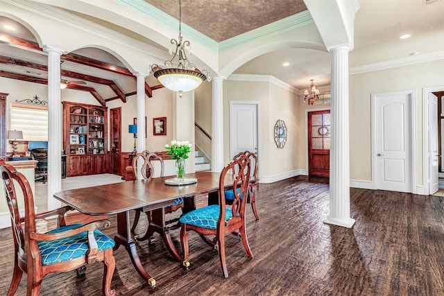 dining area with a chandelier, dark hardwood / wood-style floors, ornamental molding, and beamed ceiling