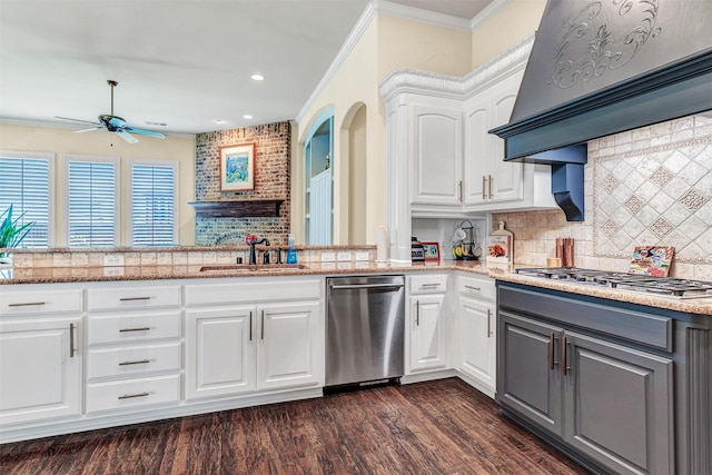 kitchen featuring backsplash, premium range hood, sink, appliances with stainless steel finishes, and white cabinets