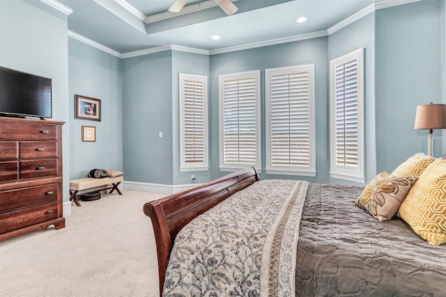 bedroom featuring ceiling fan, crown molding, and carpet floors