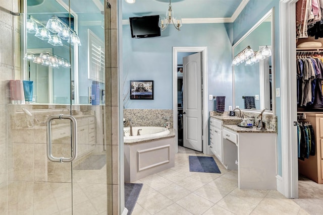 bathroom featuring separate shower and tub, vanity, tile patterned flooring, and ornamental molding