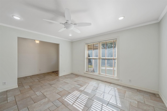 unfurnished room with ceiling fan and crown molding