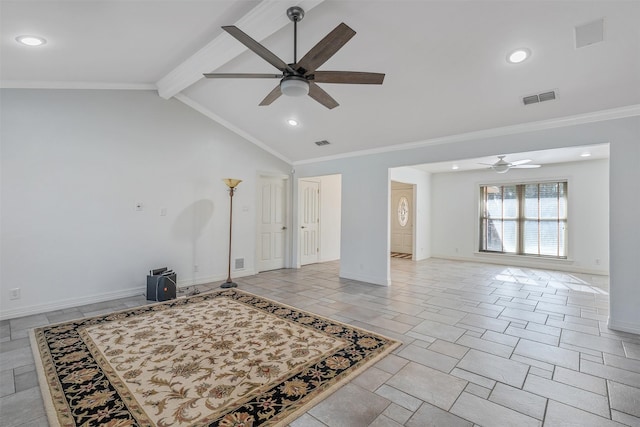 unfurnished room featuring ceiling fan, crown molding, and vaulted ceiling with beams