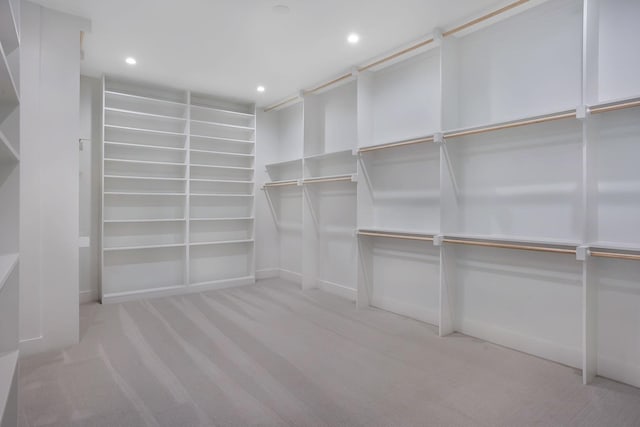 walk in closet with light colored carpet