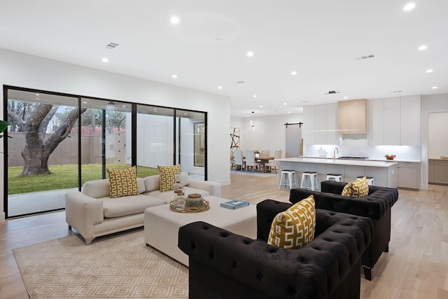 living room featuring light hardwood / wood-style floors and sink