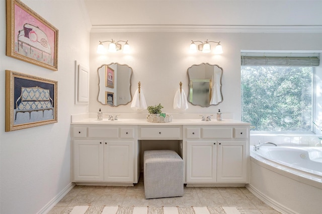 bathroom with double vanity, a garden tub, baseboards, and crown molding