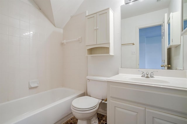 full bathroom featuring lofted ceiling, vanity, bathing tub / shower combination, and toilet