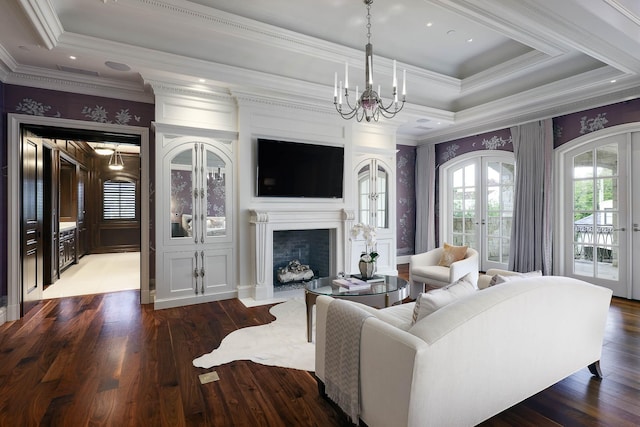 living room featuring french doors, dark hardwood / wood-style flooring, and ornamental molding