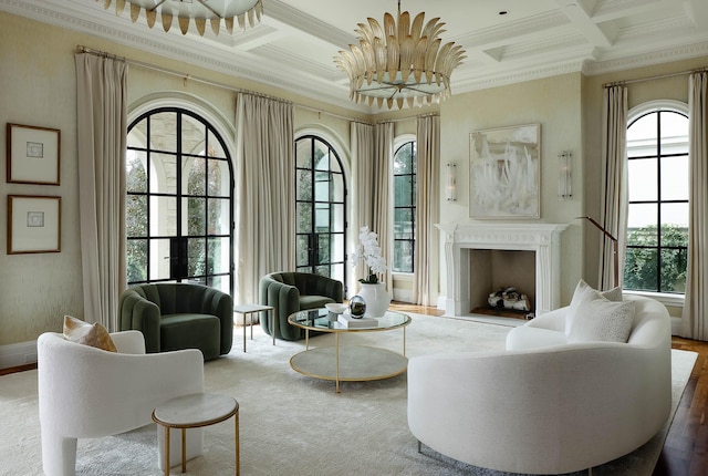 living room featuring a wealth of natural light, beam ceiling, and coffered ceiling