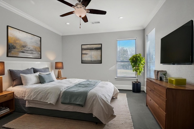 bedroom with carpet floors, baseboards, visible vents, and ornamental molding