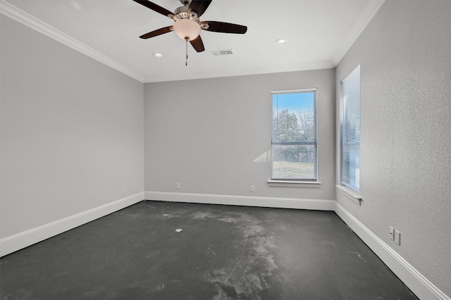 unfurnished room featuring baseboards, visible vents, a ceiling fan, ornamental molding, and concrete flooring