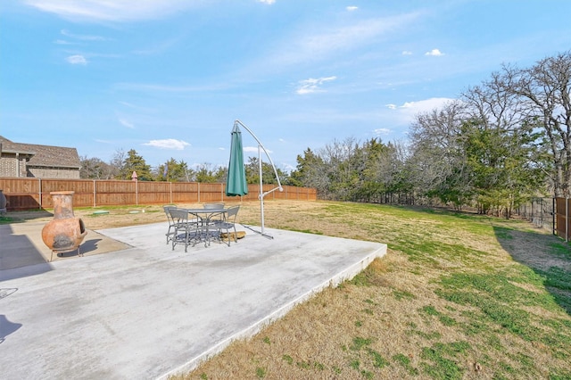 view of yard with a fenced backyard and a patio