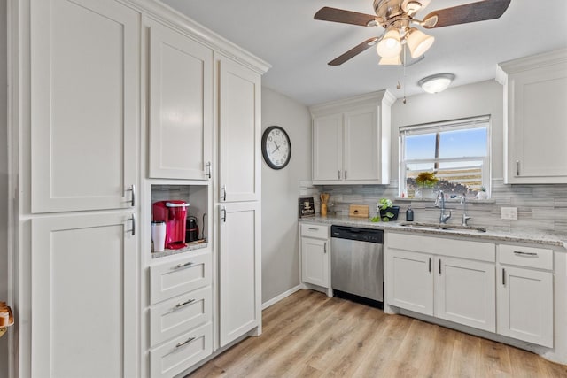 kitchen with backsplash, sink, white cabinetry, and stainless steel dishwasher