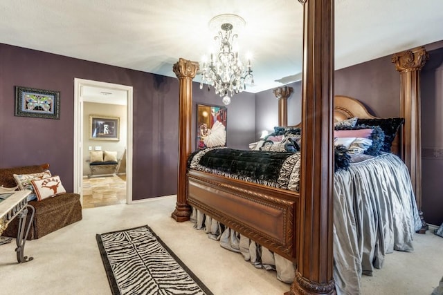 bedroom featuring light carpet and a notable chandelier