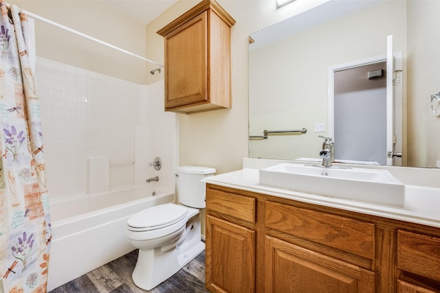 full bathroom featuring wood-type flooring, toilet, vanity, and shower / bath combination with curtain