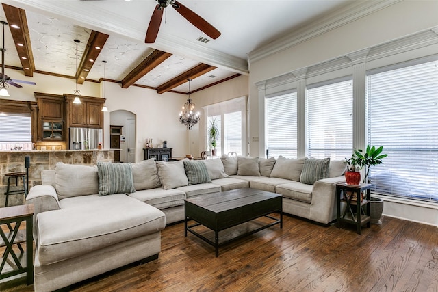 living room featuring beam ceiling, dark hardwood / wood-style floors, and ceiling fan with notable chandelier