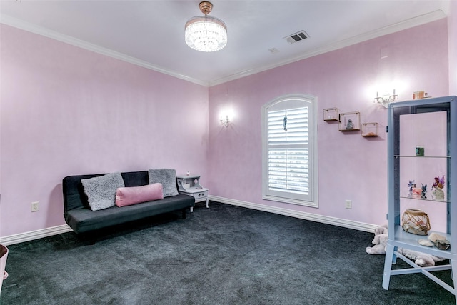 living area featuring dark colored carpet, crown molding, and an inviting chandelier