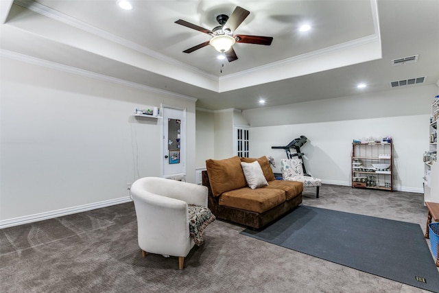 workout area with ceiling fan, ornamental molding, and a raised ceiling