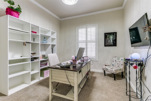 carpeted office space featuring ornamental molding