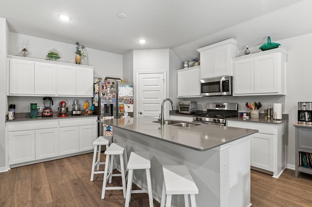 kitchen with stainless steel appliances, an island with sink, white cabinets, and sink