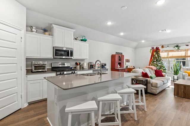 kitchen featuring stainless steel appliances, a kitchen island with sink, white cabinets, and sink