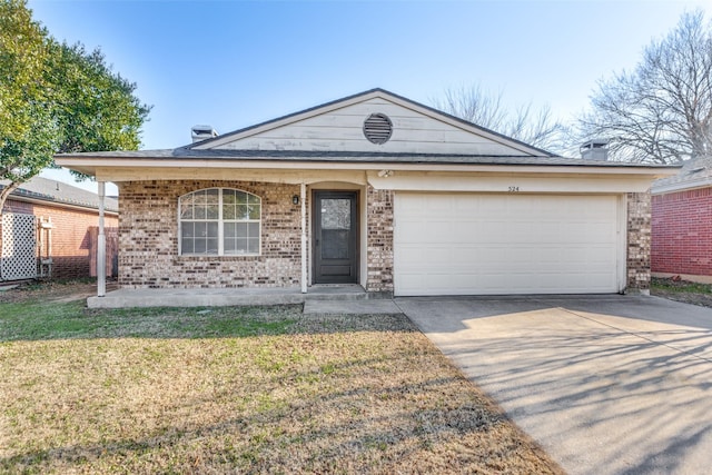 view of front of property with a front yard, covered porch, and a garage