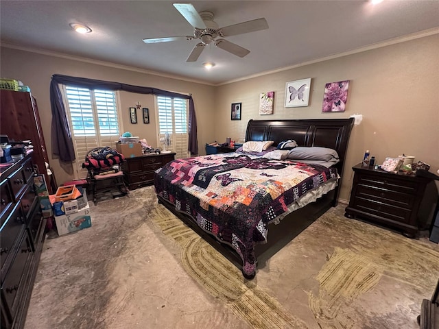 bedroom featuring ceiling fan and ornamental molding