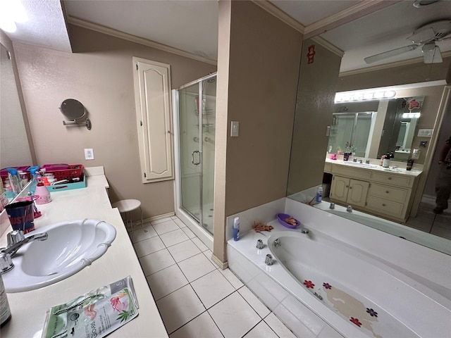 bathroom featuring crown molding, tile patterned floors, separate shower and tub, and vanity